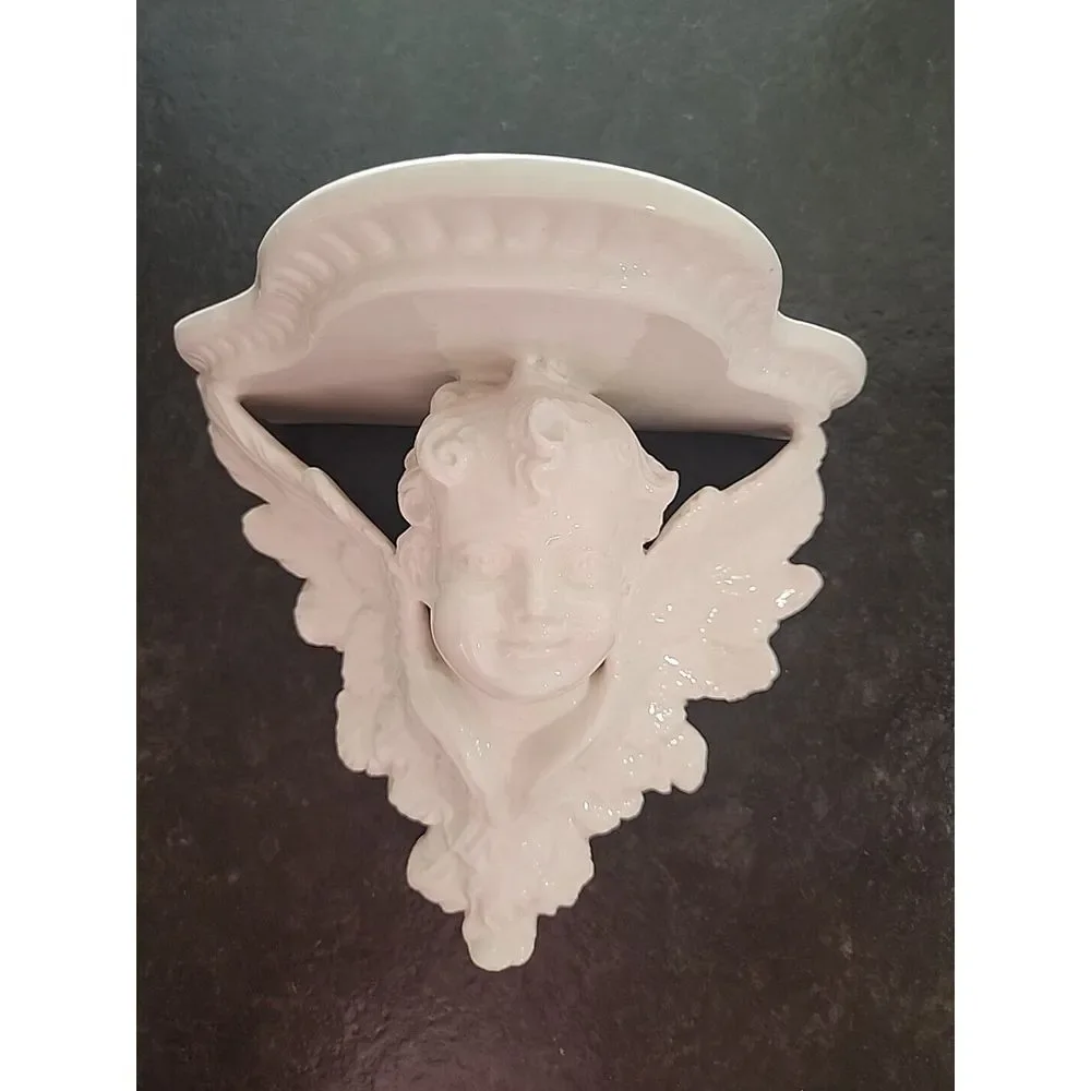 Beautiful ITALIAN pottery CHERUB ANGEL‎ Wall Hanging Shelf BRACKET white ceramic